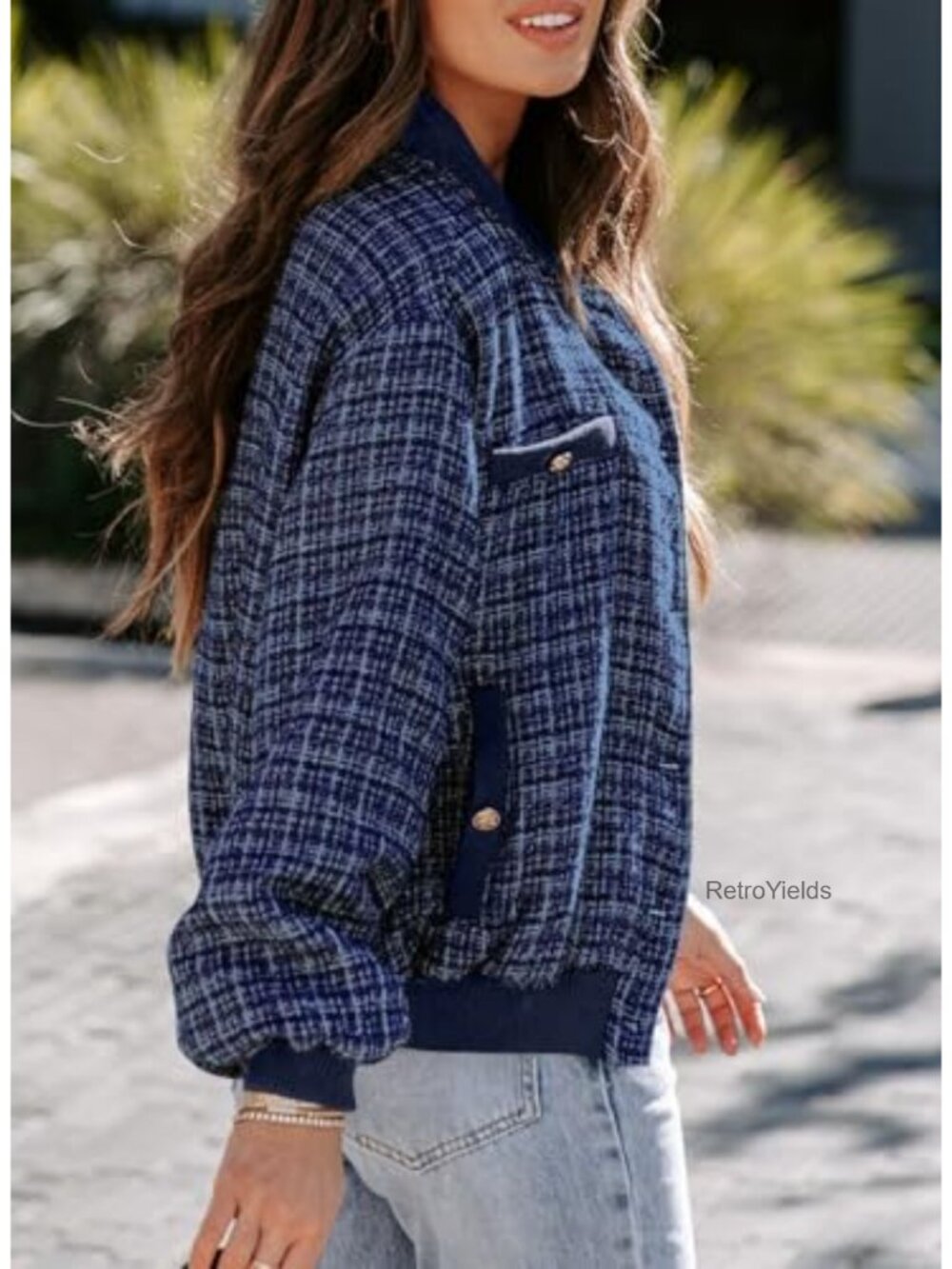 Women's Plaid Button Short Jacket Fall Winter Trendy - Picture 3 of 6